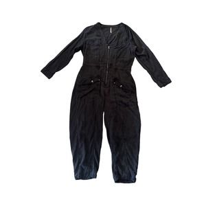 Women XL Free People Black Long Sleeve Parachute Zip Front Jumpsuit Lyocell